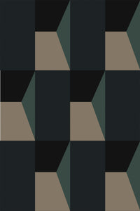 Blue Bold geometric wallpaper with a repeating pattern of squares and triangles in shades of dark blue, black, and beige. Designed for easy application, peel and stick removable wallpaper.