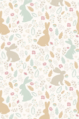 Scandinavian bunny wallpaper design with minimalist bunny silhouettes in soft pastel hues of beige, green, and blush, surrounded by delicate floral patterns and whimsical leaves on a light cream background. Peel and stick removable wallpaper.