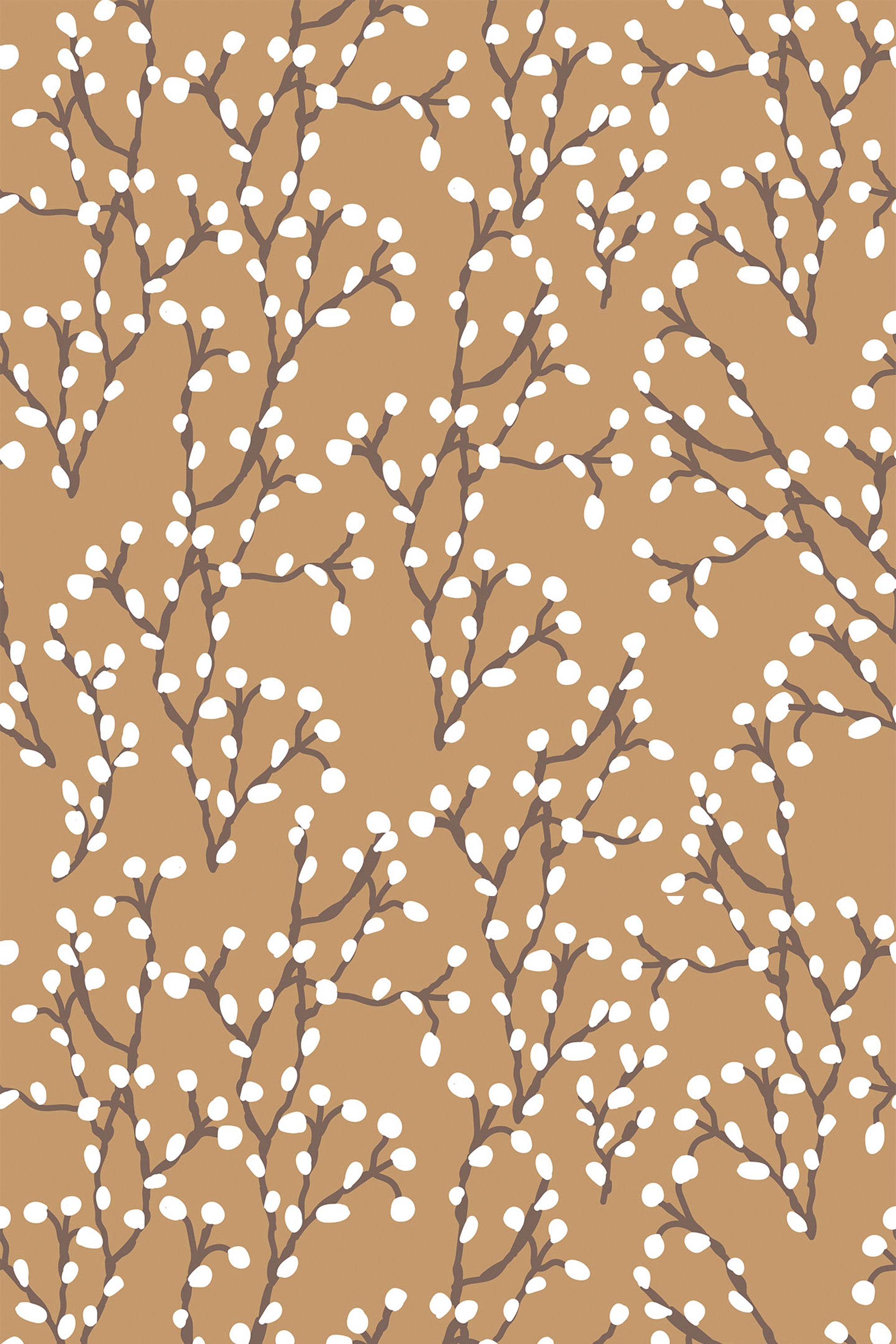 Willow branches with white buds on brown background, peel and stick removable wallpaper.