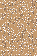 Willow branches with white buds on brown background, peel and stick removable wallpaper.
