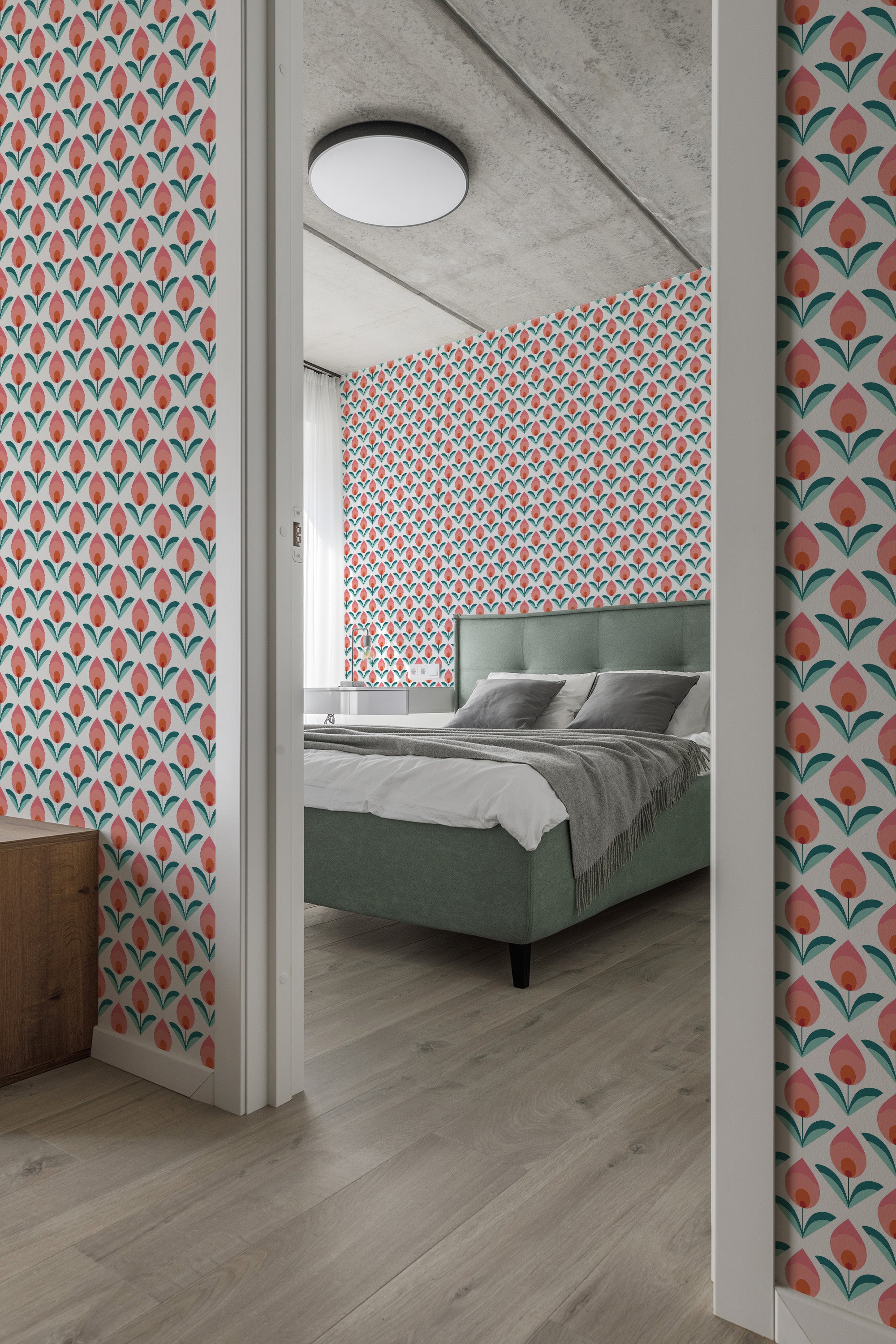 Retro tulip design with repeated patterns of stylized tulips in red, green, and orange, creating a vibrant and classic look against the white background. Traditional wallpaper.