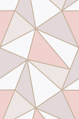 A geometric pattern with pastel colors, including soft pink, beige, and white triangles outlined in thin tan lines. Peel and stick removable wallpaper.
