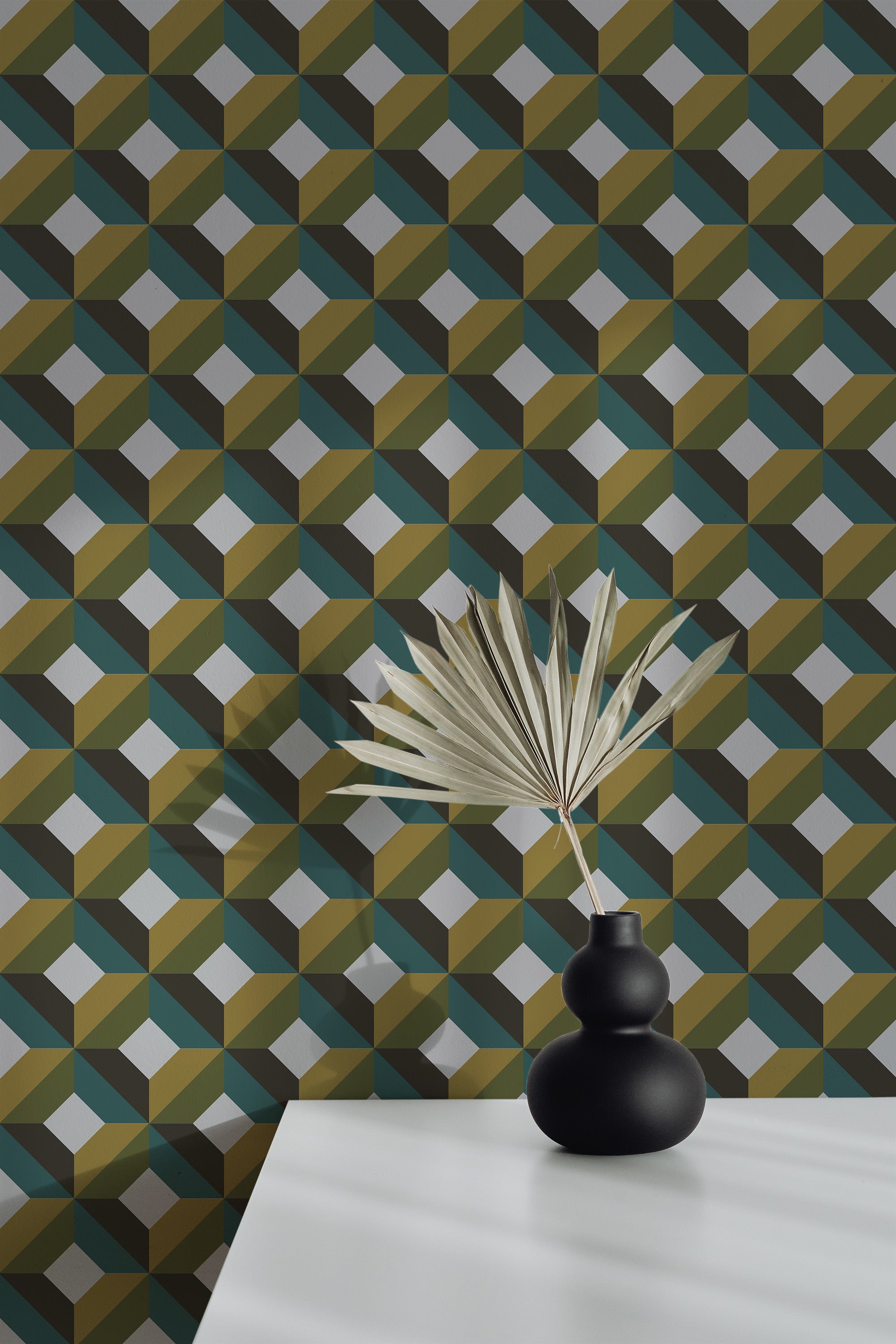 Self-adhesive Vintage geometric wallpaper with an intricate pattern of interlocking cubes in shades of green, mustard, black, and white, adding a bold, retro-modern touch to the room.
