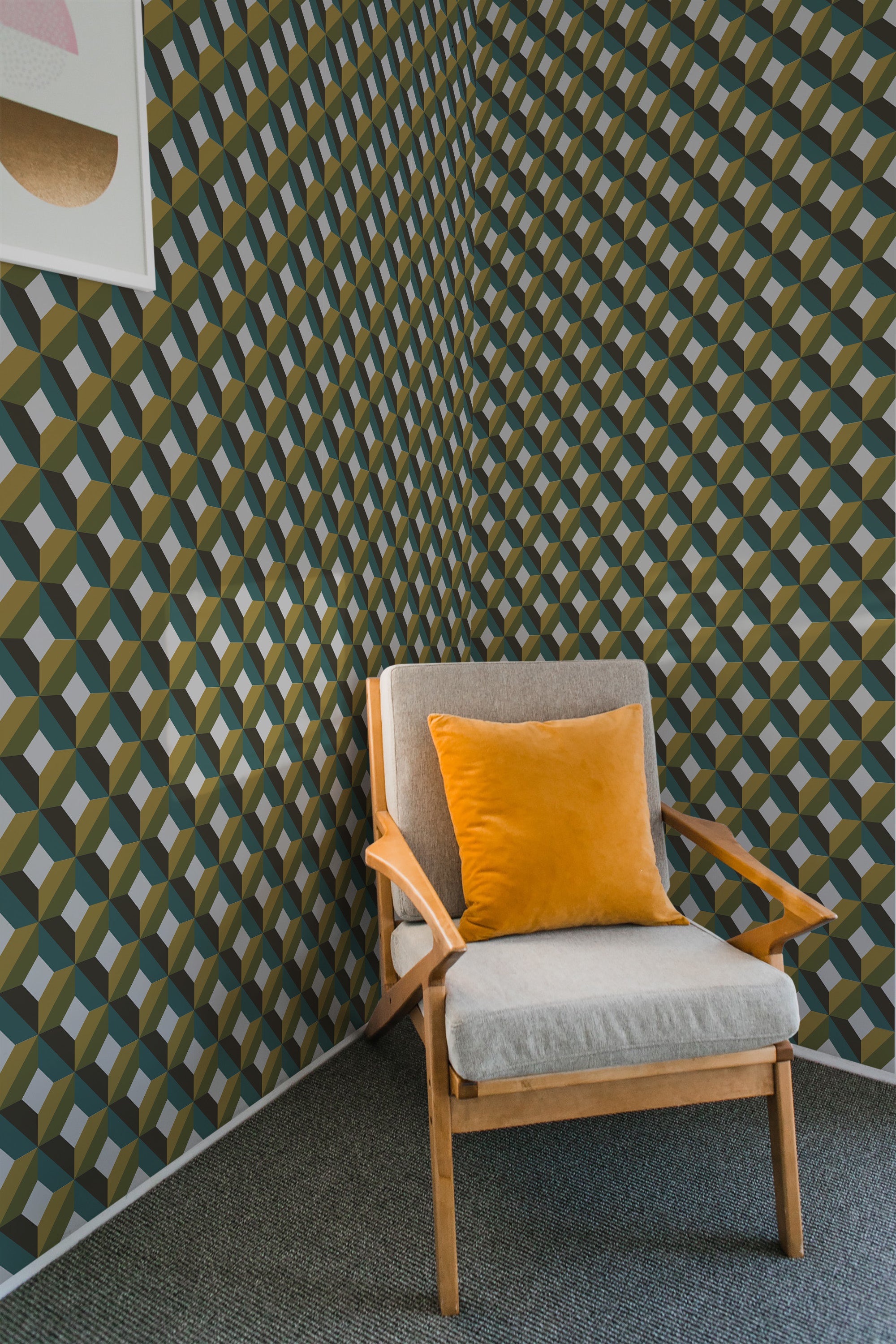 Wallpaper with a pattern of interconnected geometric shapes in shades of green, blue, and beige, creating a subtle optical illusion. Traditional wallpaper.
