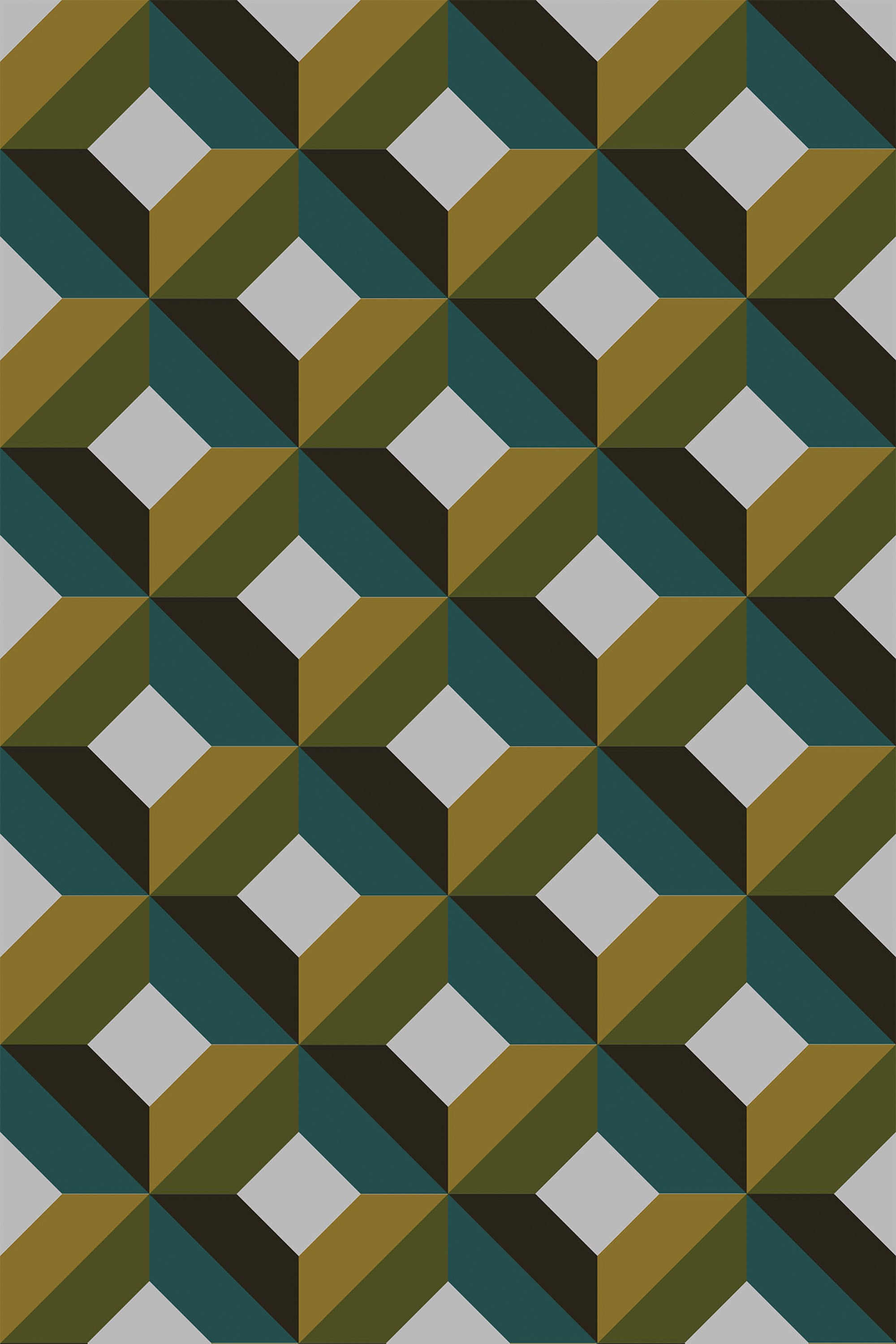A repeating pattern of geometric shapes creating a three-dimensional cube illusion with shades of olive green, mustard yellow, teal, and black on a light gray background. Peel and stick removable wallpaper.