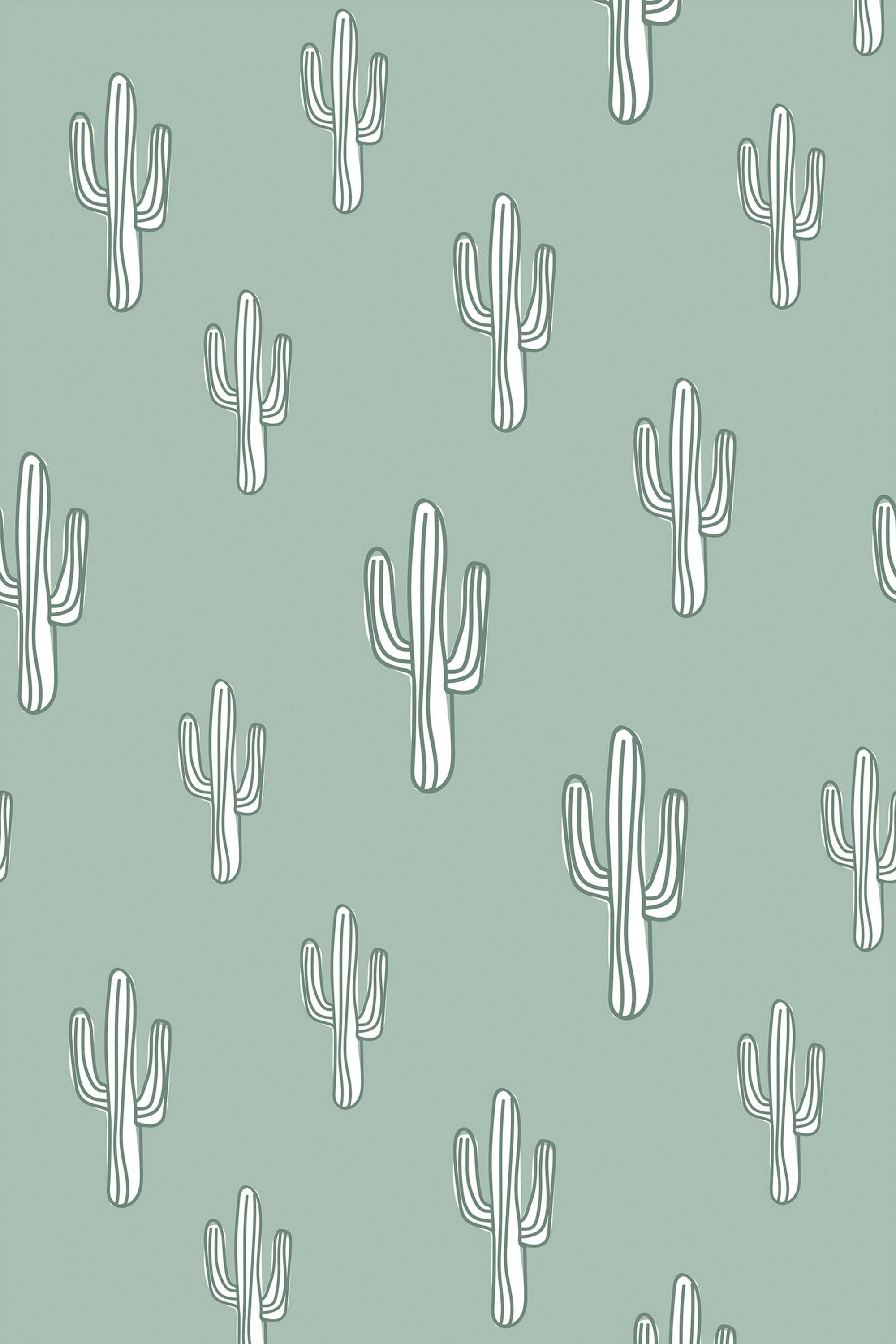 Cactus pattern in white against a muted green background with a simple, minimalist style, peel and stick removable wallpaper.