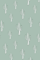 Cactus pattern in white against a muted green background with a simple, minimalist style, peel and stick removable wallpaper.