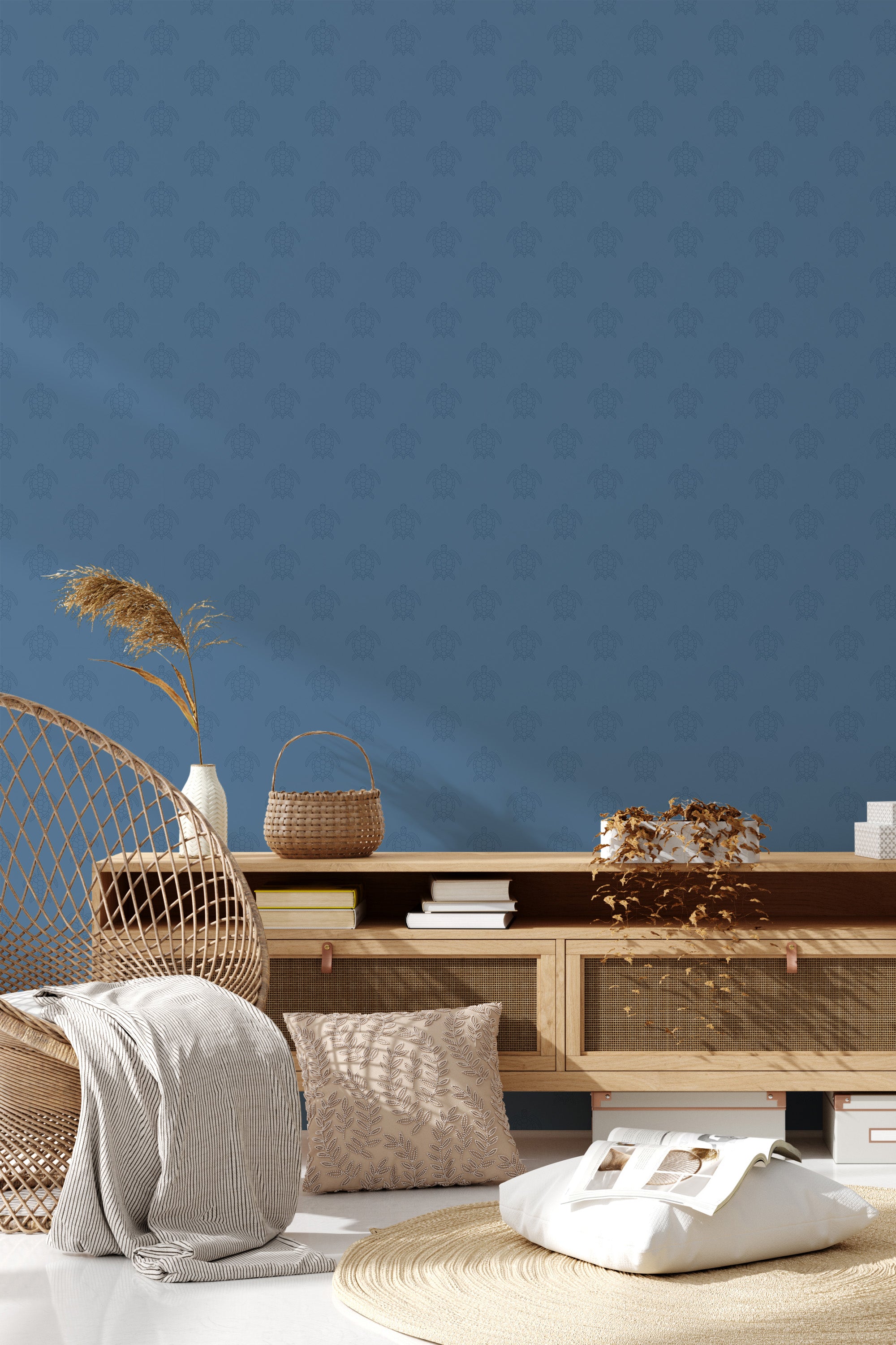 Wall with a blue turtle pattern in subtle, muted tones against a solid blue background, traditional wallpaper.
