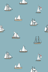 Sailboats in various sizes and styles scattered across a light blue background, offering a nautical and serene theme for walls, peel and stick removable wallpaper.