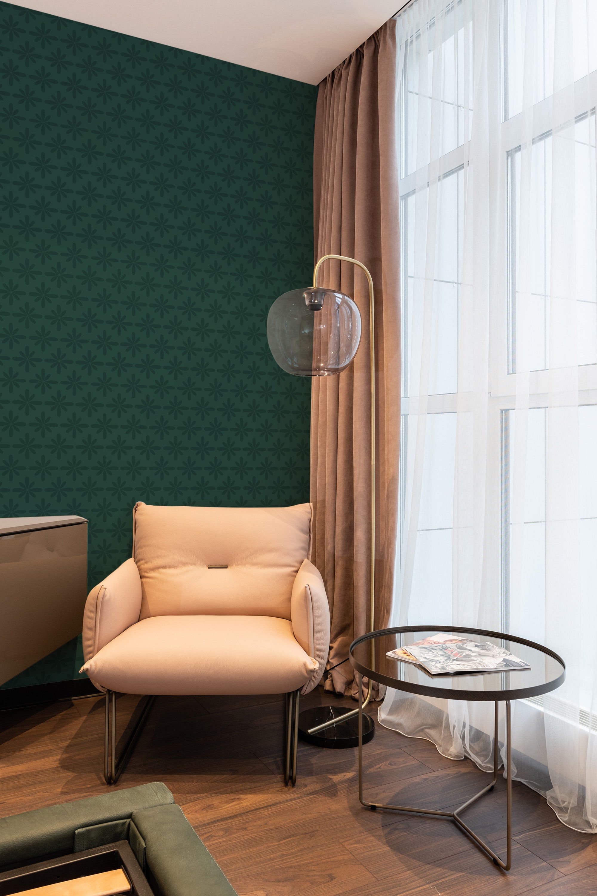 A room with Forest green floral wallpaper with subtle, repetitive dark green floral patterns, creating a sophisticated and natural ambiance as traditional wallpaper.