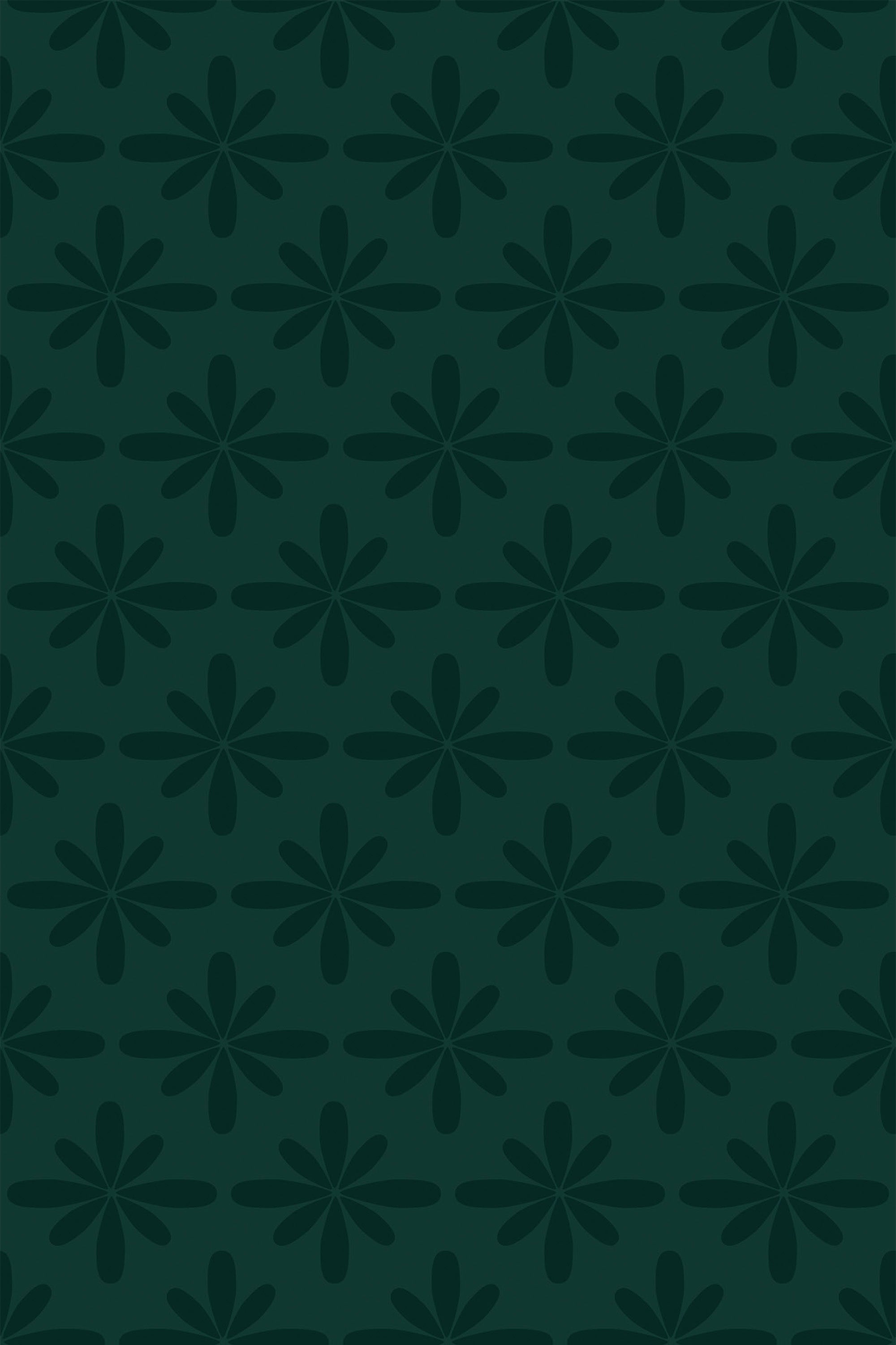 Dark green wallpaper with a repeating pattern of abstract floral shapes in a darker shade of green, arranged in rows on a deep green background, peel and stick removable wallpaper.