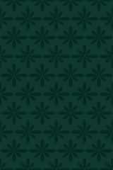 Dark green wallpaper with a repeating pattern of abstract floral shapes in a darker shade of green, arranged in rows on a deep green background, peel and stick removable wallpaper.