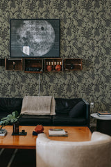 Wallpaper with intricate foliage patterns interspersed with rabbits, creating a timeless and whimsical atmosphere,raditional wallpaper.