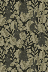 Rabbits in neutral tones hide among large, overlapping botanical leaves on a dark background, creating a camouflaged and whimsical pattern. Peel and stick removable wallpaper.