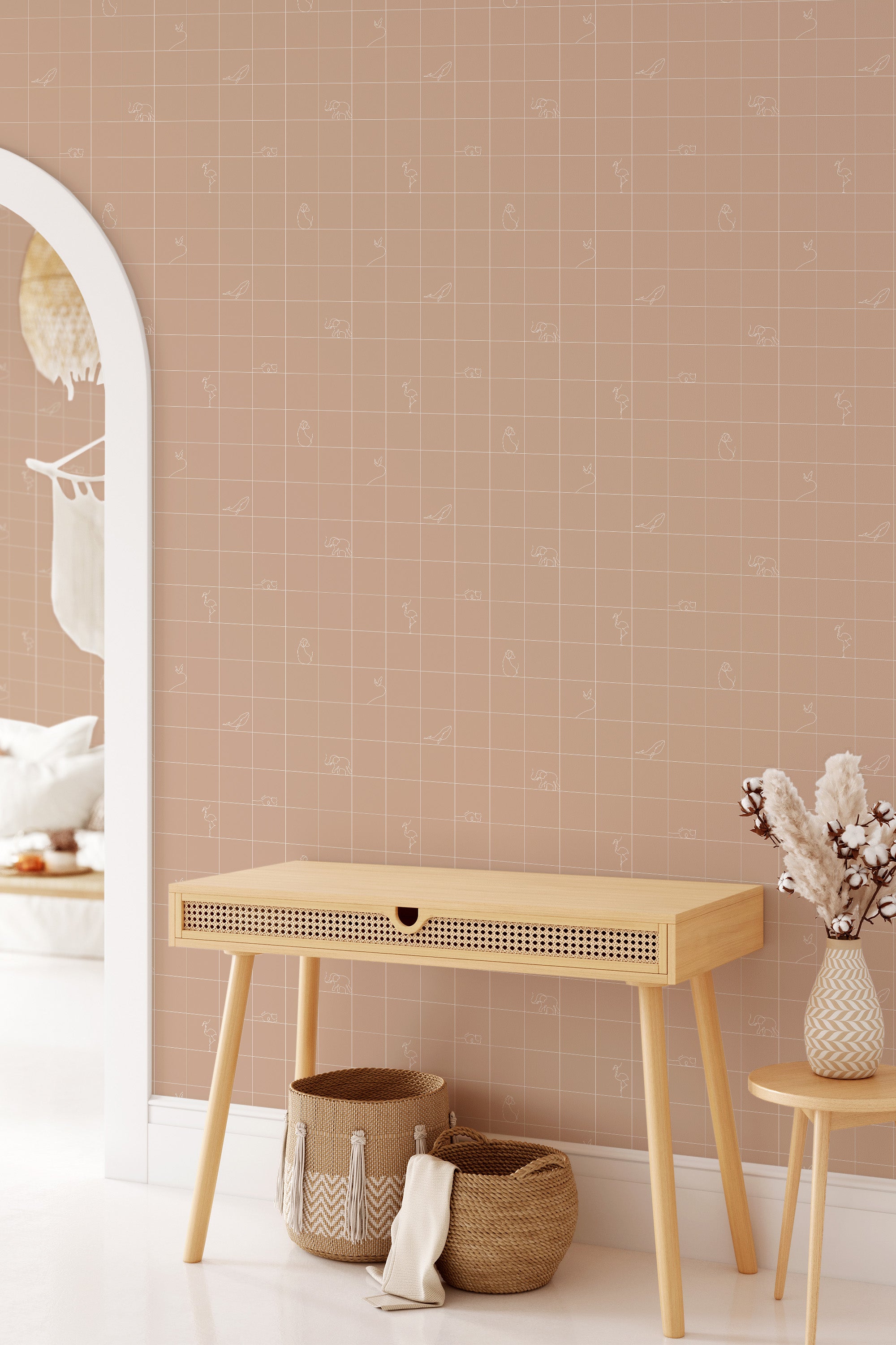 A room with wallpaper designed in a minimalist grid pattern featuring subtle, small animal outlines, creating a clean and modern aesthetic. The wallpaper has a soft, muted color that complements the light wooden furniture. Traditional wallpaper.