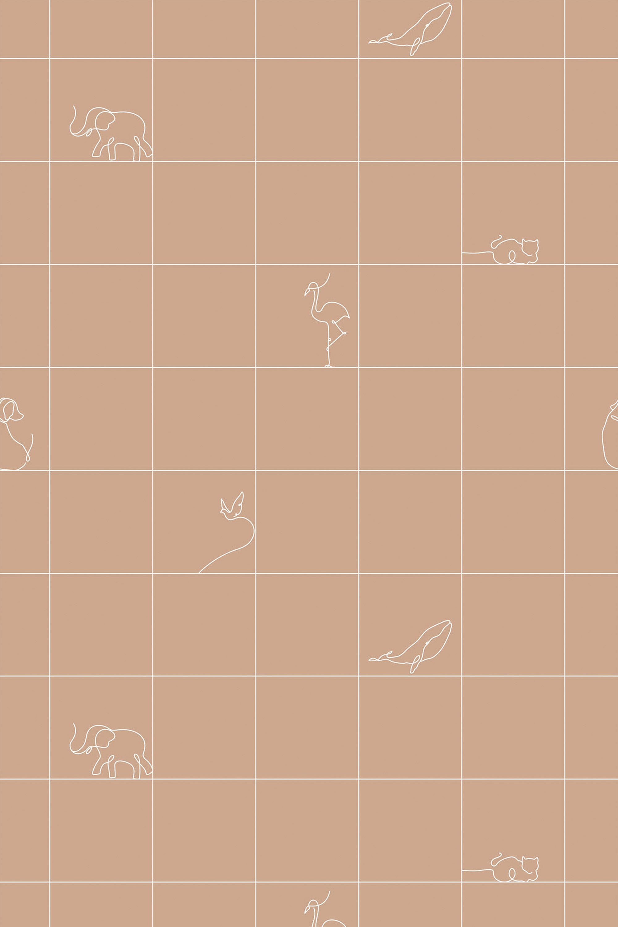 Simple animal outlines, including elephants, birds, whales, and flamingos, appear on a grid pattern with a soft tan background. Peel and stick removable wallpaper.