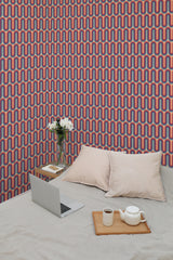 Self-adhesive wallpaper with a Purple retro wave pattern of wavy lines in purple, red, blue, and white hues, adding a vibrant and nostalgic feel to the room.