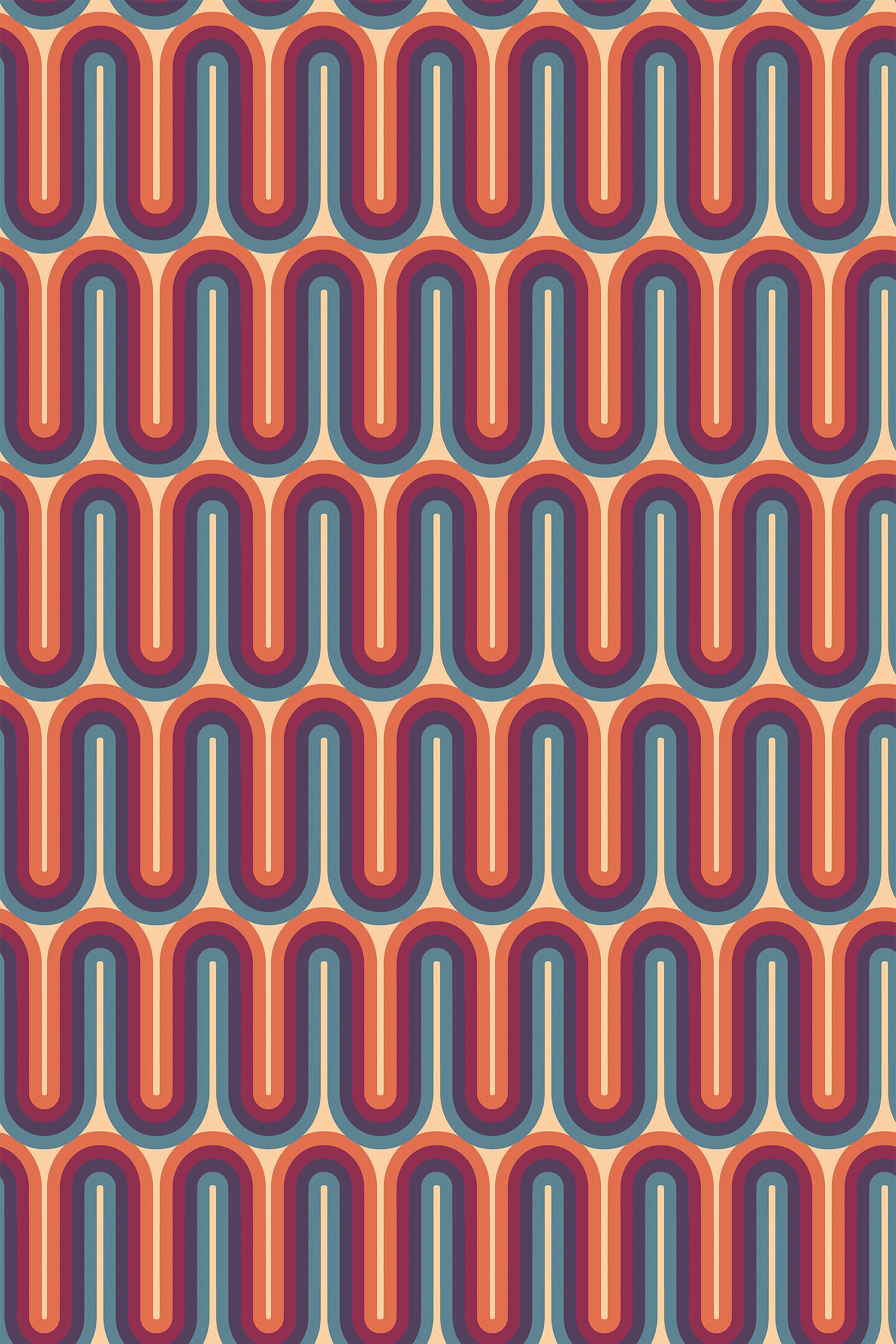Purple retro wave pattern, with bold, wavy lines in shades of purple, red, and orange forming a repeating geometric design. Peel and stick removable wallpaper.