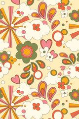 A vibrant wallpaper with a retro-inspired design that includes colorful flowers, swirling shapes, and abstract patterns in shades of pink, orange, green, and yellow on a cream background. Groovy peel and stick removable wallpaper.