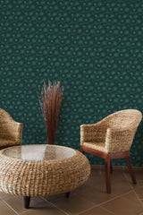 Self-adhesive forest green retro wallpaper with a geometric circular pattern in various shades of green, creating a vintage-inspired look.