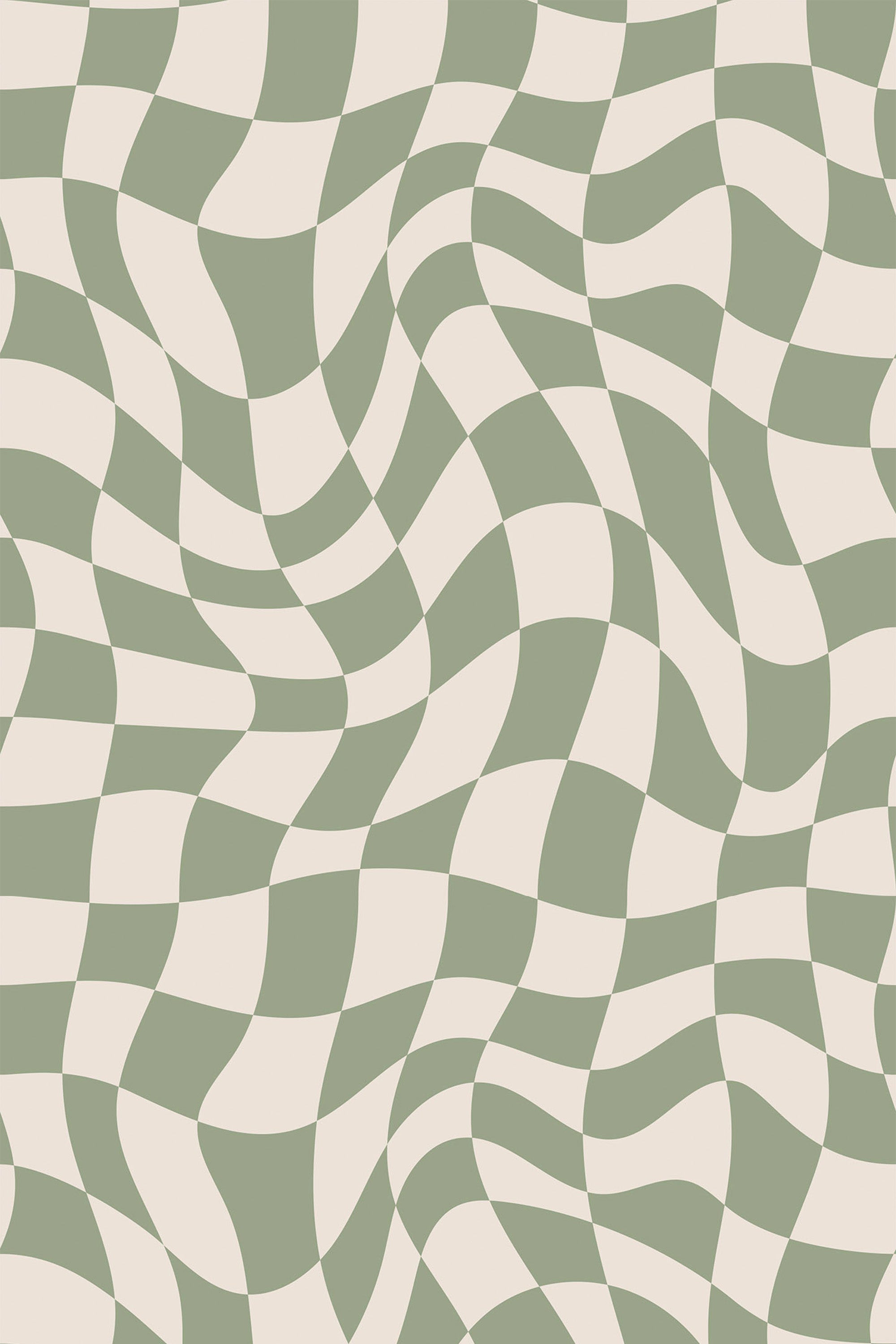 A wavy checkerboard pattern in soft green and off-white alternating squares with a playful and dynamic optical illusion effect, perfect for modern and retro-themed spaces. This is a peel and stick removable wallpaper.
