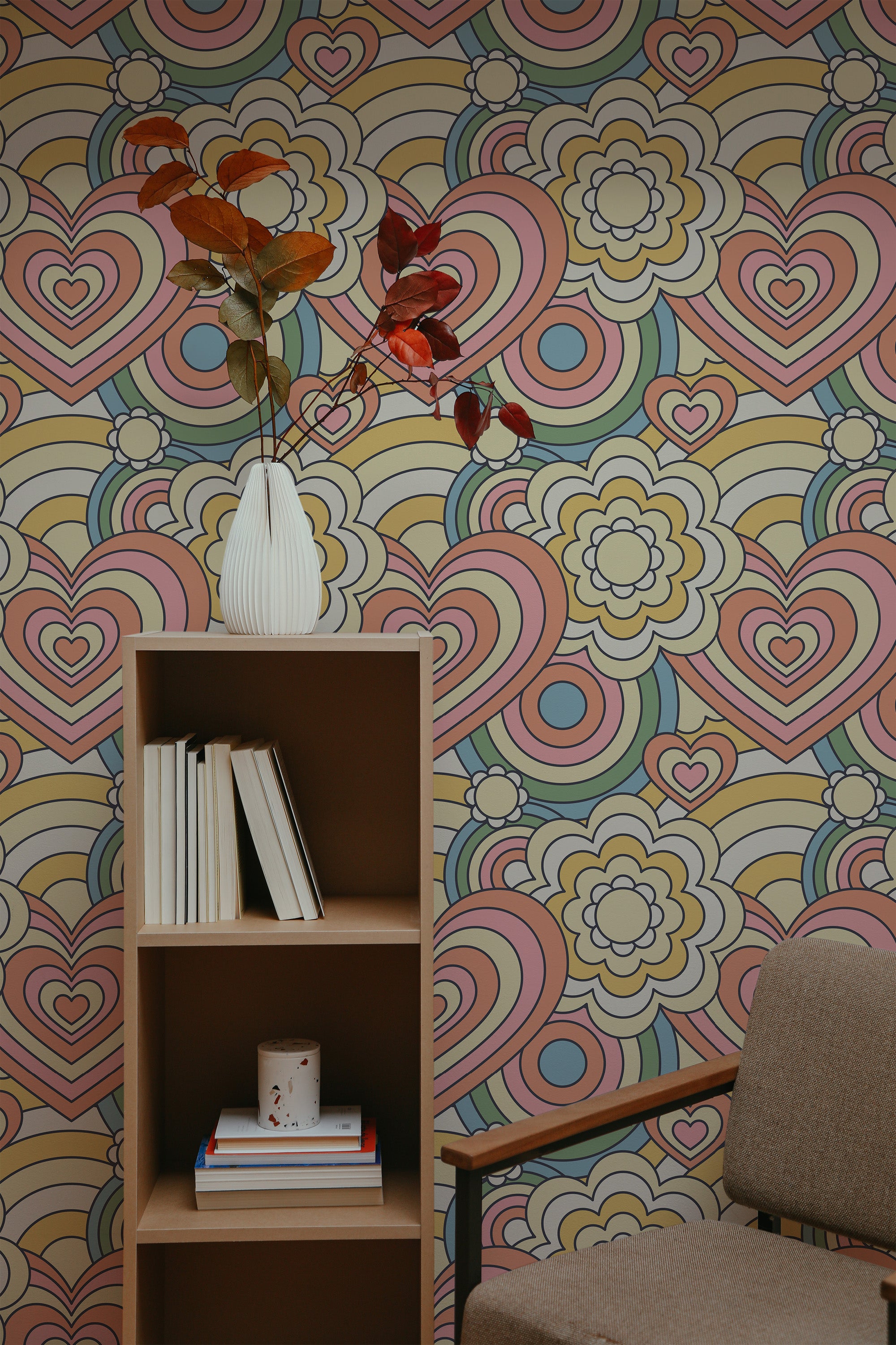 Self-adhesive wallpaper with a Pastel Retro design combining intertwined hearts and floral patterns in soft shades of pink, yellow, and blue.
