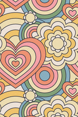 Colorful retro-inspired wallpaper with large hearts, radial circles, and stylized flowers in muted pastel shades of pink, yellow, green, and blue. Peel and stick removable wallpaper.