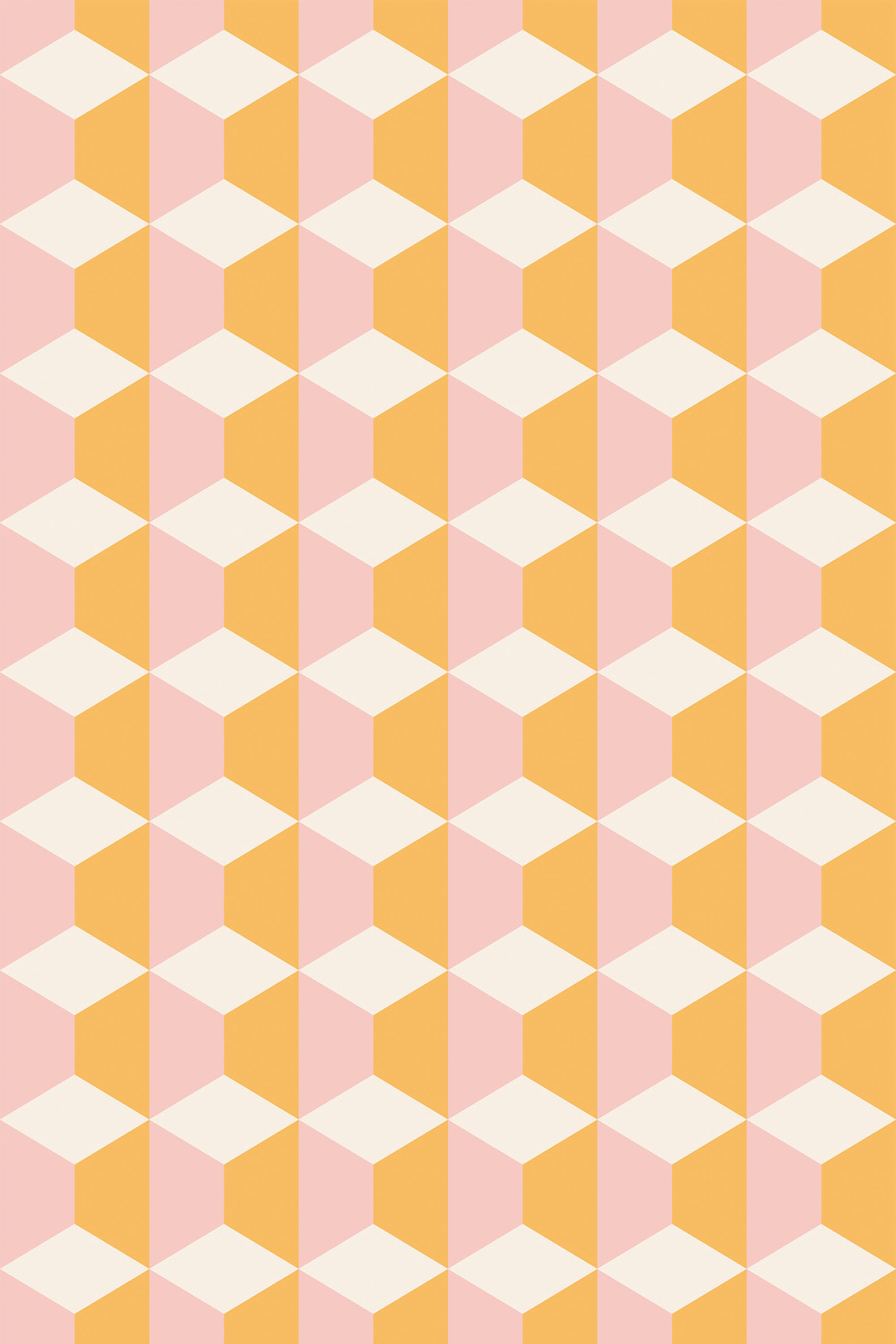 A repeating pattern of pink, yellow, and white geometric shapes forms a 3D cube-like design with a bright and cheerful color palette, peel and stick removable wallpaper.