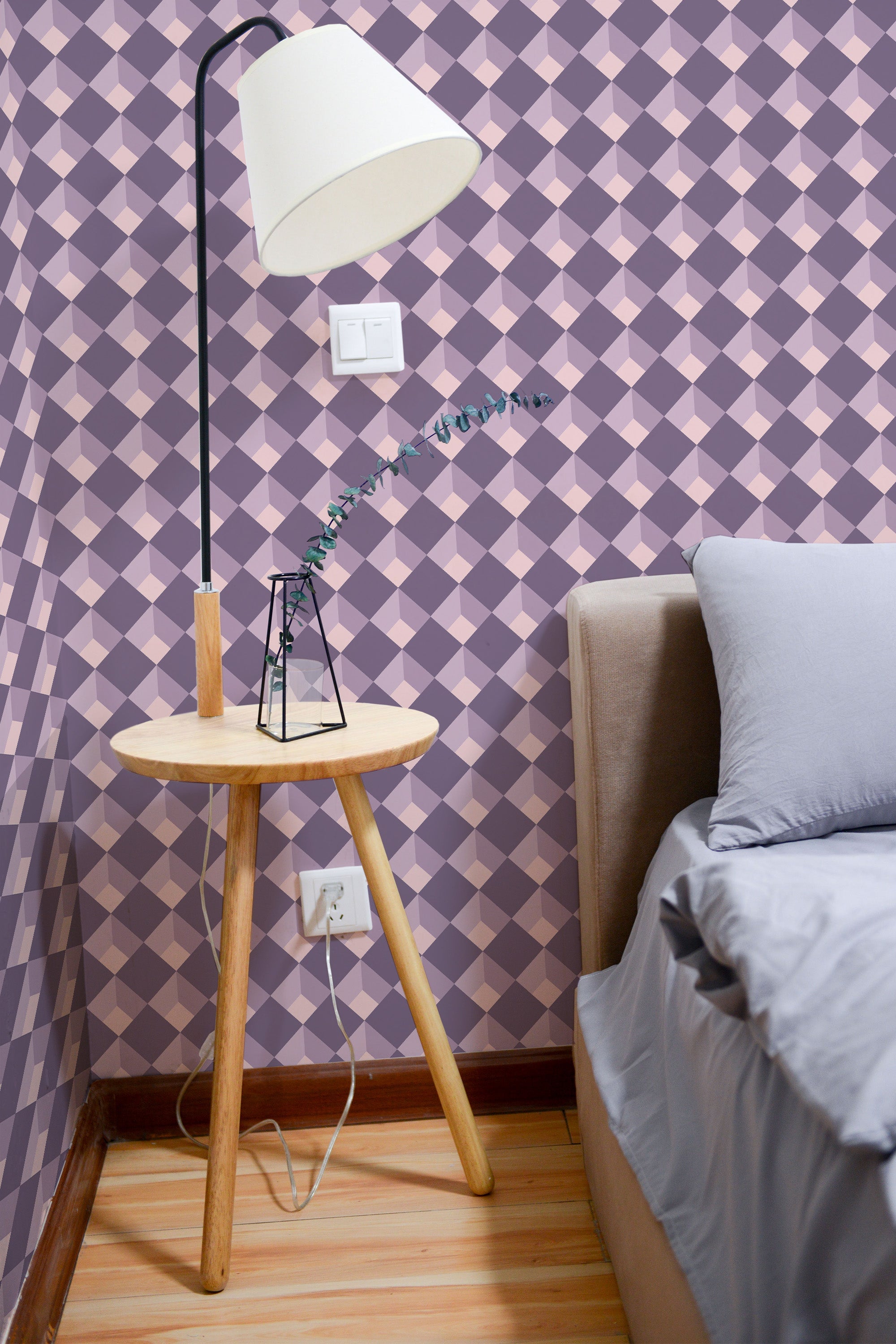Self-adhesive wallpaper with a purple check pattern in alternating light and dark shades, creating a geometric, diamond-like visual effect.