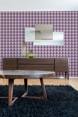 Purple checkered wallpaper with alternating squares in various shades of purple decorates the wall, creating a vibrant and eye-catching pattern that complements the room's modern furniture. Traditional wallpaper.
