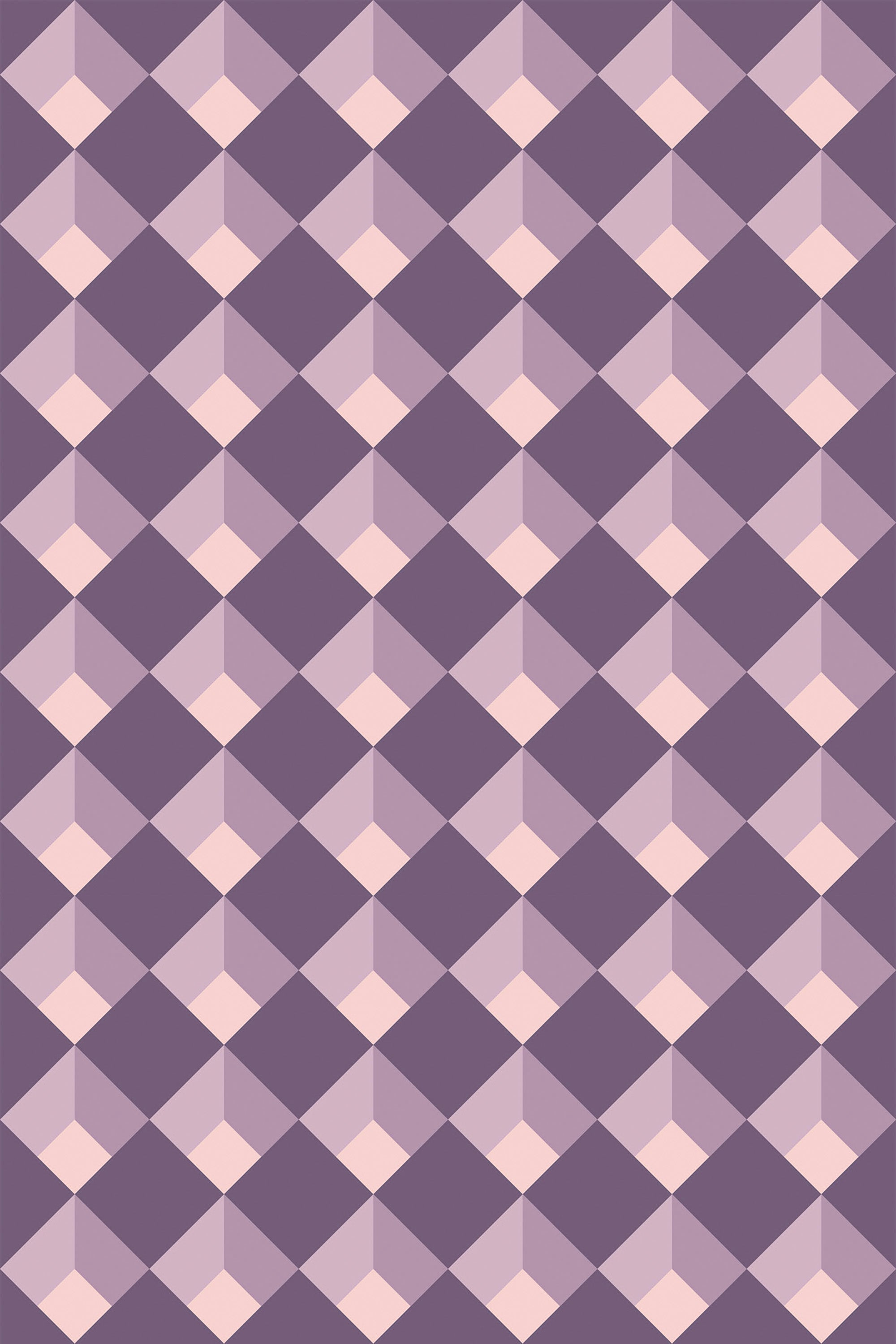Geometric purple and pink checkered pattern with diamond and cube shapes creating a three-dimensional effect. Peel and stick removable wallpaper.