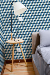 Self-adhesive wallpaper with a vibrant Blue Cube geometric pattern, featuring interlocking blue and white cubes creating an optical illusion of three-dimensional depth.