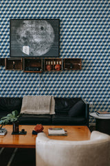 Blue cube pattern repeating geometrically across the wall, contrasting with black, white, and grey shades to create a 3D illusion, used as traditional wallpaper.