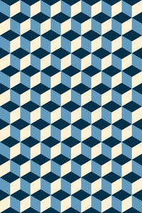 A geometric pattern of interconnected cubes in varying shades of blue and cream, creating a three-dimensional effect. Peel and stick removable wallpaper.