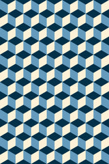 A geometric pattern of interconnected cubes in varying shades of blue and cream, creating a three-dimensional effect. Peel and stick removable wallpaper.