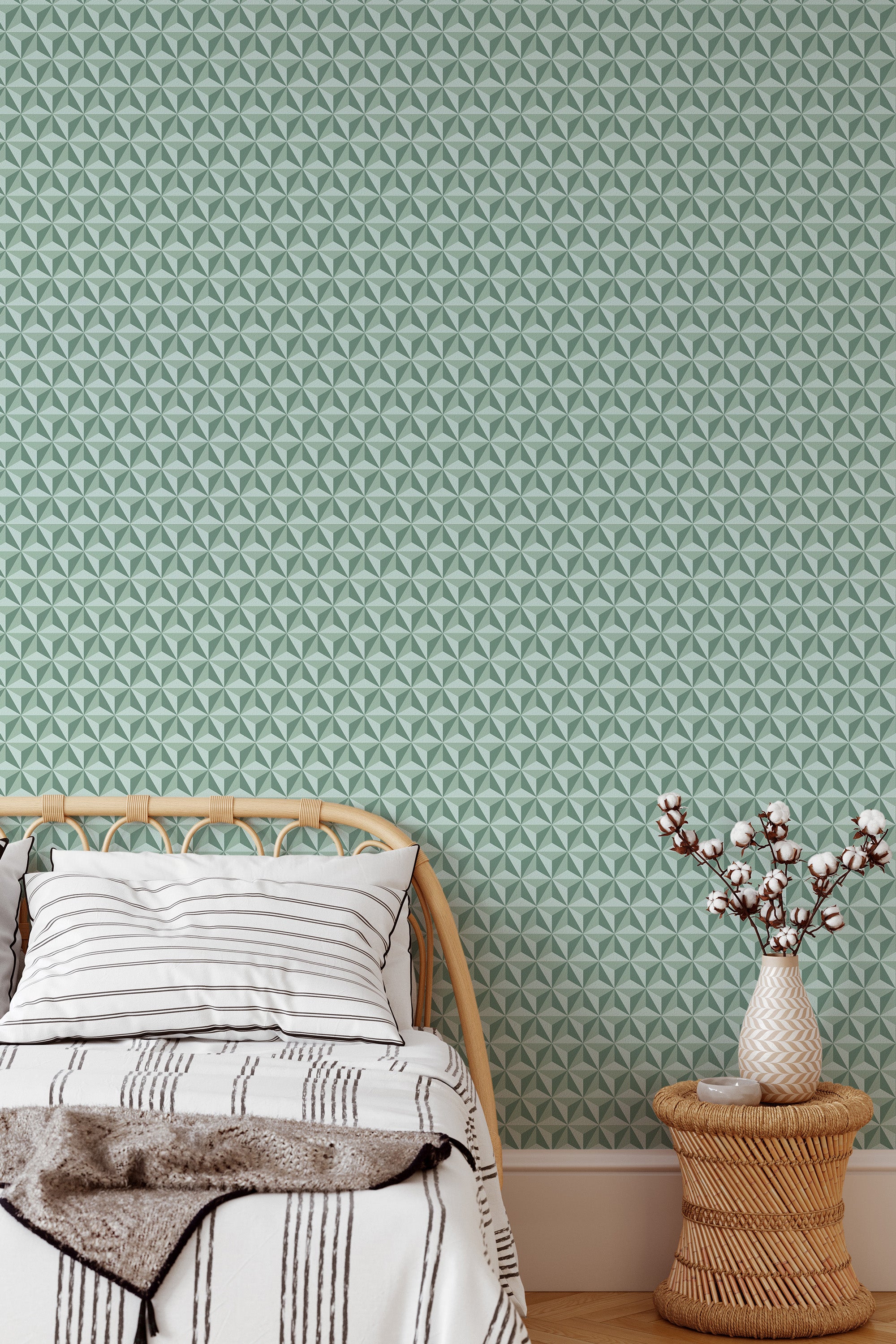 Self-adhesive wallpaper with a green vintage tile pattern featuring a repeating geometric design in soft green and white tones.