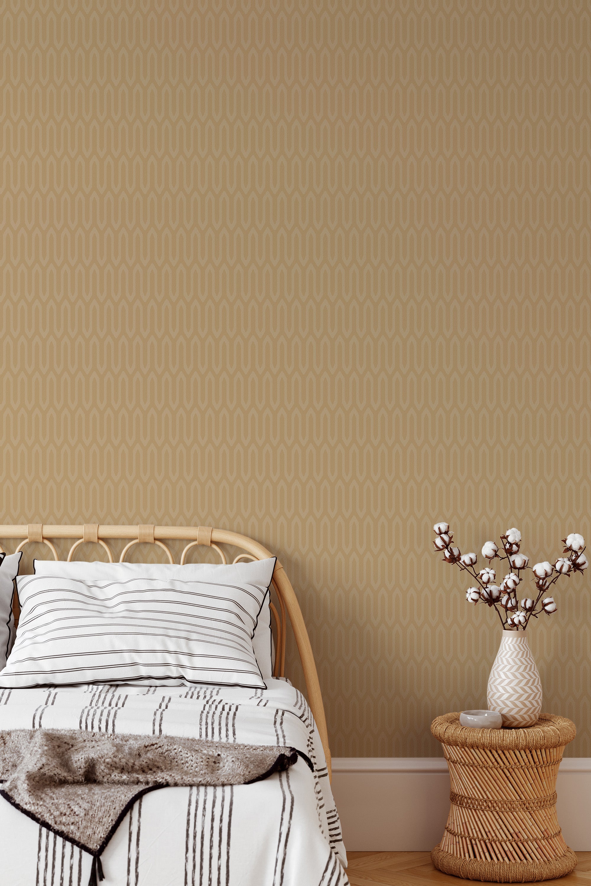 Self-adhesive wallpaper in a yellow retro wave pattern with curved lines repeating over a warm, muted background, creating a vintage ambiance in the room.