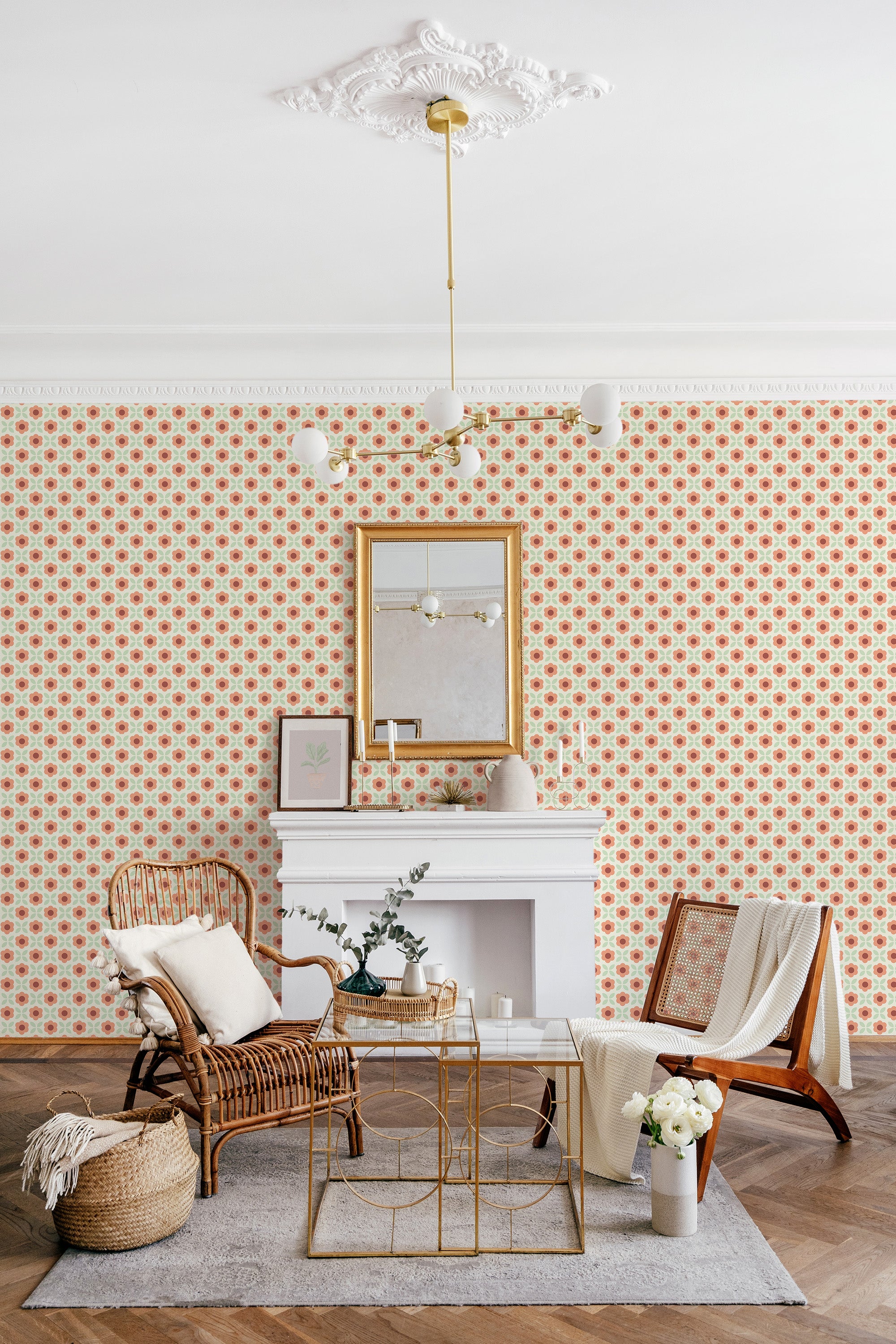 Retro flower grid wallpaper with small, evenly spaced floral patterns in warm red tones, creating a vibrant and nostalgic atmosphere in the room. Traditional wallpaper.