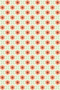 A Retro flower grid with orange-red flowers interspersed with green four-leaf designs on a creamy background, creating a symmetrical and repeating pattern. Peel and stick removable wallpaper.