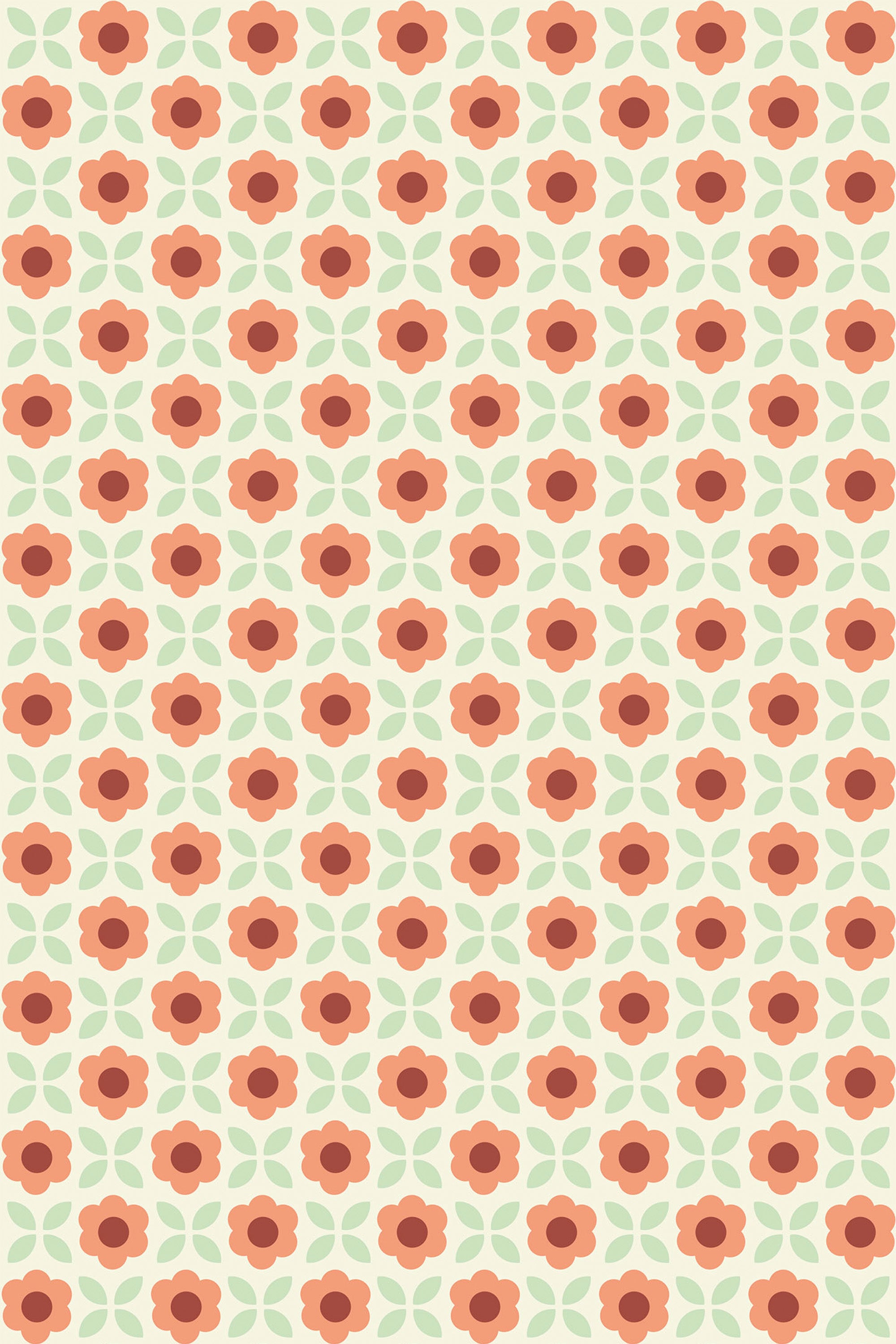 A Retro flower grid with orange-red flowers interspersed with green four-leaf designs on a creamy background, creating a symmetrical and repeating pattern. Peel and stick removable wallpaper.