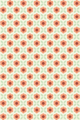 A Retro flower grid with orange-red flowers interspersed with green four-leaf designs on a creamy background, creating a symmetrical and repeating pattern. Peel and stick removable wallpaper.