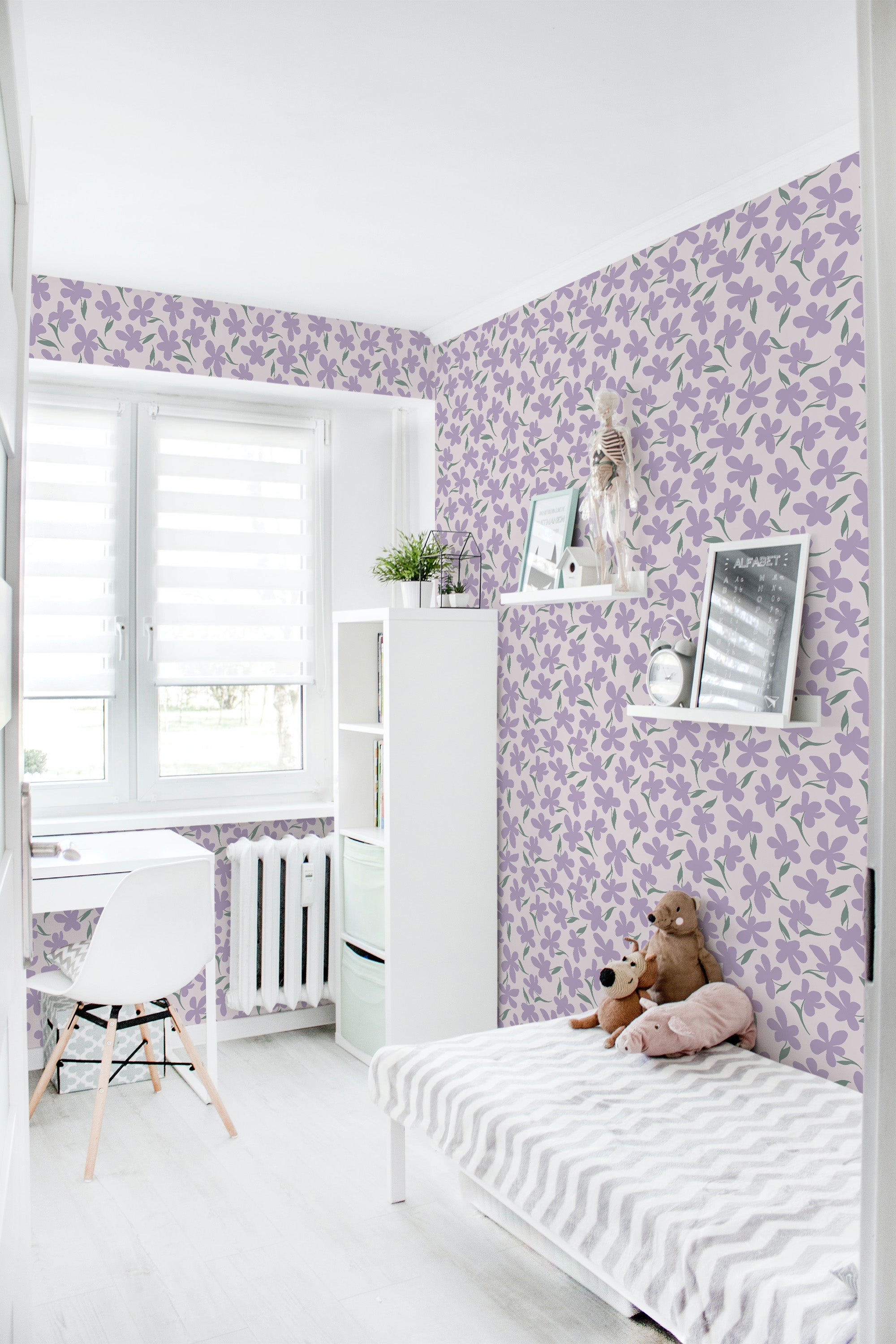 A cozy room with walls adorned with purple floral patterned wallpaper with leaves and vines intertwining across the surface, creating a soft and elegant atmosphere. Traditional wallpaper.
