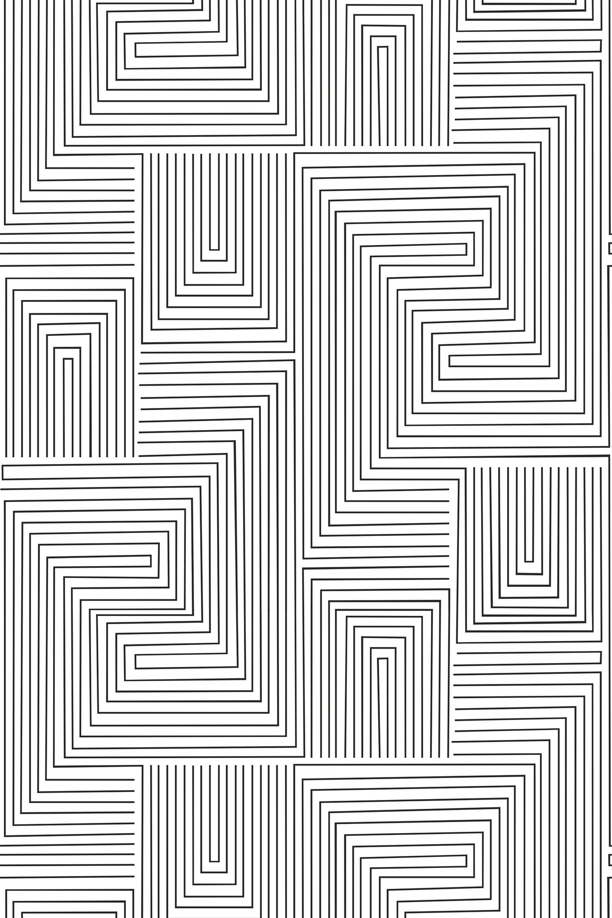 A geometric pattern of black lines forming concentric squares and rectangles on a white background, creating an intricate maze-like design. Peel and stick removable wallpaper.