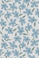 Blue flowers with simple, rounded petals and green stems are scattered evenly against a light background. The design has a soft, calming aesthetic with a minimalist floral motif. Peel and stick removable wallpaper.