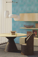 A room with a wall covered in blue wallpaper that resembles the surface and texture of a swimming pool, offering a serene aquatic vibe, paired with wooden furniture and modern light fixtures, traditional wallpaper.
