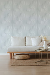 Modern Illusion line art wallpaper with wavy, black geometric lines on a white background in a minimalistic living room, exemplifying traditional wallpaper.