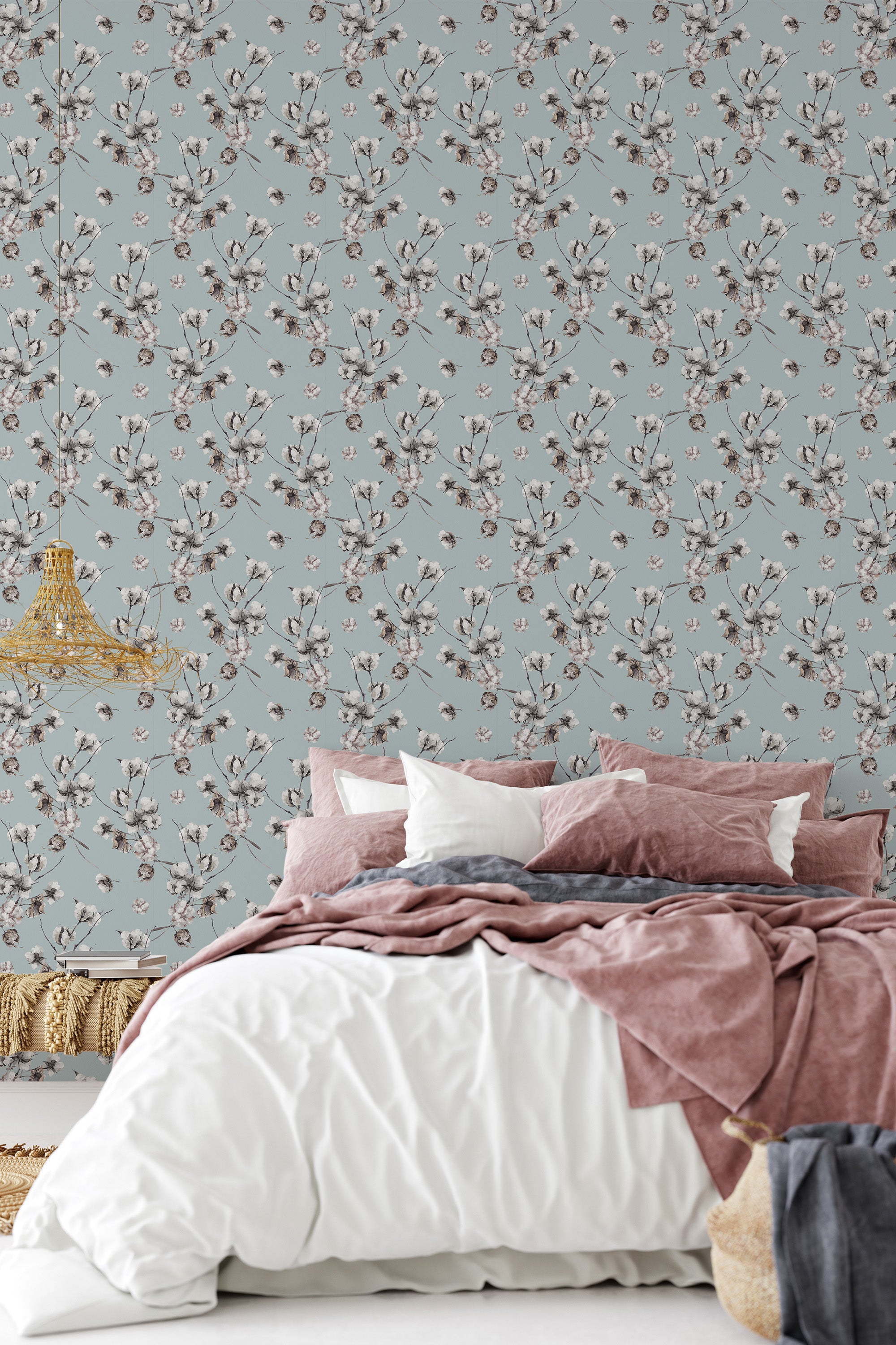 Wallpaper with cotton tree-inspired design, showing delicate branches adorned with fluffy cotton bolls against a muted green background, giving the room a soft, serene atmosphere. Traditional wallpaper.