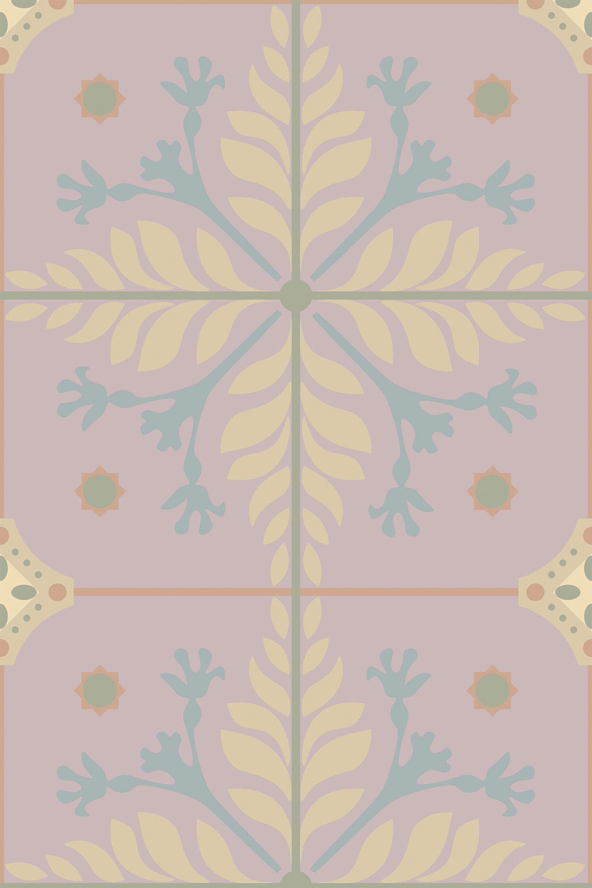 A repeating wallpaper pattern with soft pink tones, featuring intricate floral and leaf motifs in pastel shades of yellow, blue, and green arranged in symmetrical tile shapes, accented by small star-shaped elements in muted coral. Peel and stick removable wallpaper.