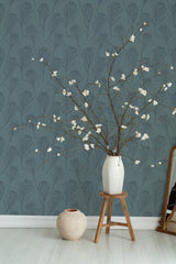 Self-adhesive wallpaper in a muted teal color with delicate line art of Protea flowers in dark gray, creating a subtle and elegant botanical pattern.