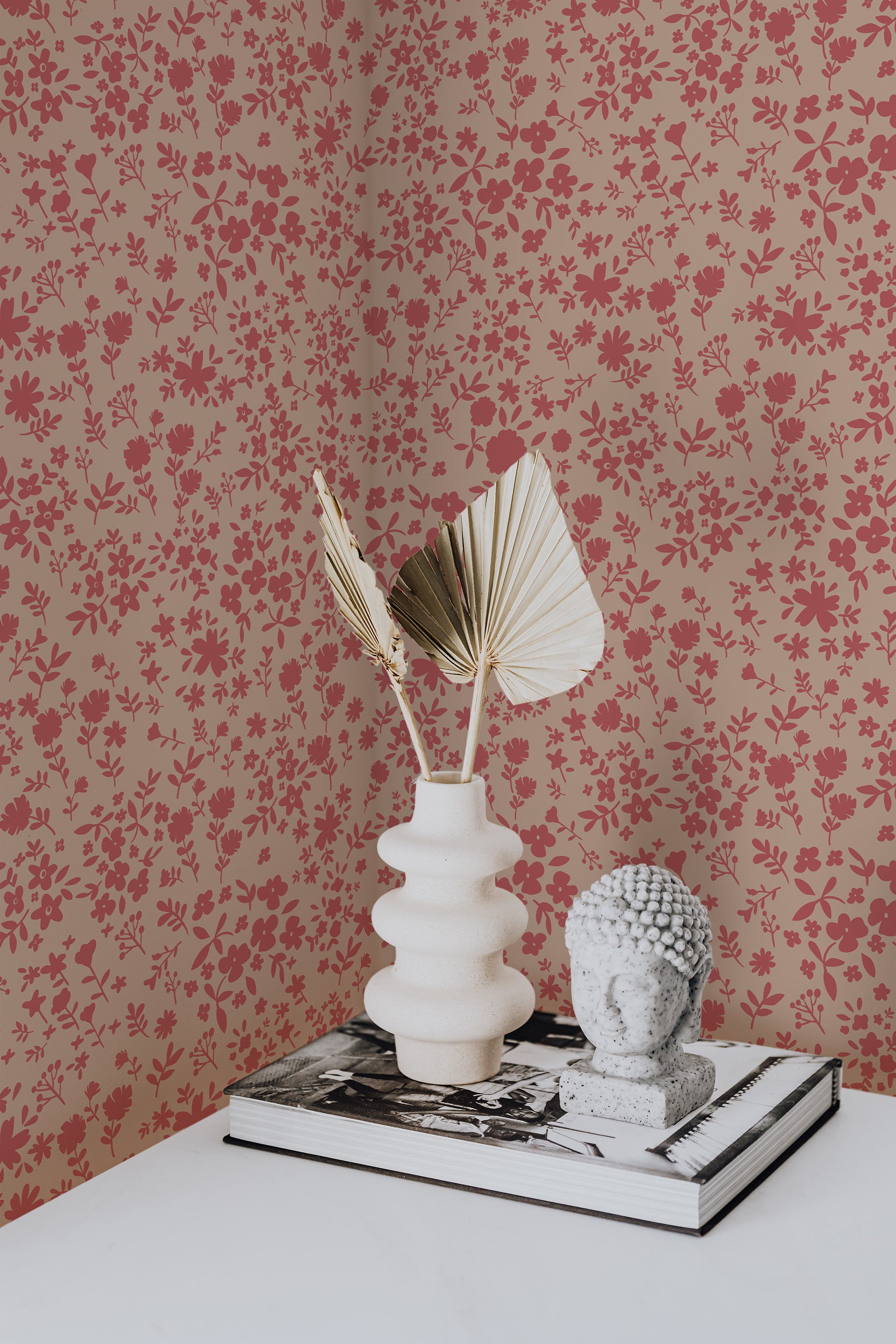 Self-adhesive wallpaper with a tiny vintage floral design in shades of pink on a beige background, creating a delicate, nostalgic ambiance.